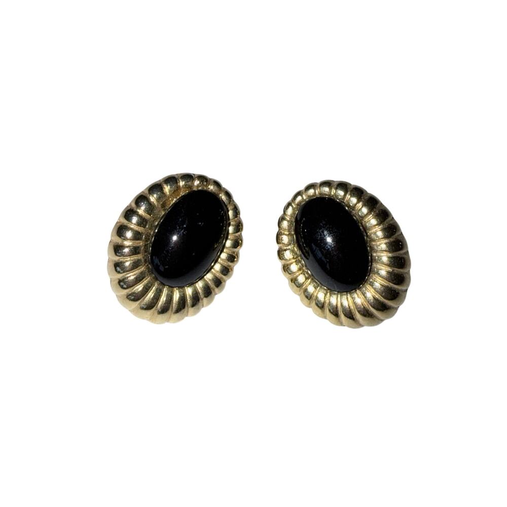 Vintage Gold tone black cabochon clip on screw back earrings classy jewelry oval